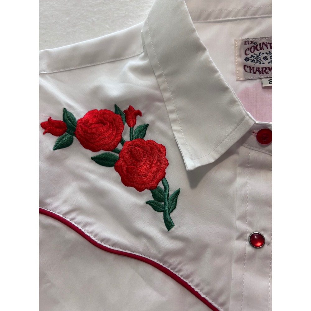 Ely Country Charmers Womens White Western Rose Embroidered Pearl Snap Shirt Sz S - Picture 3 of 10
